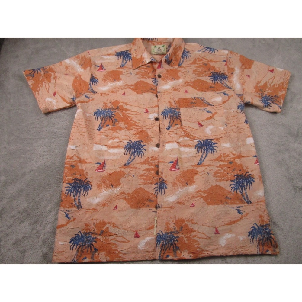 Joe Marlin Shirt Mens Medium Orange Hawaiian Button Up Textured‎ Loop Collar